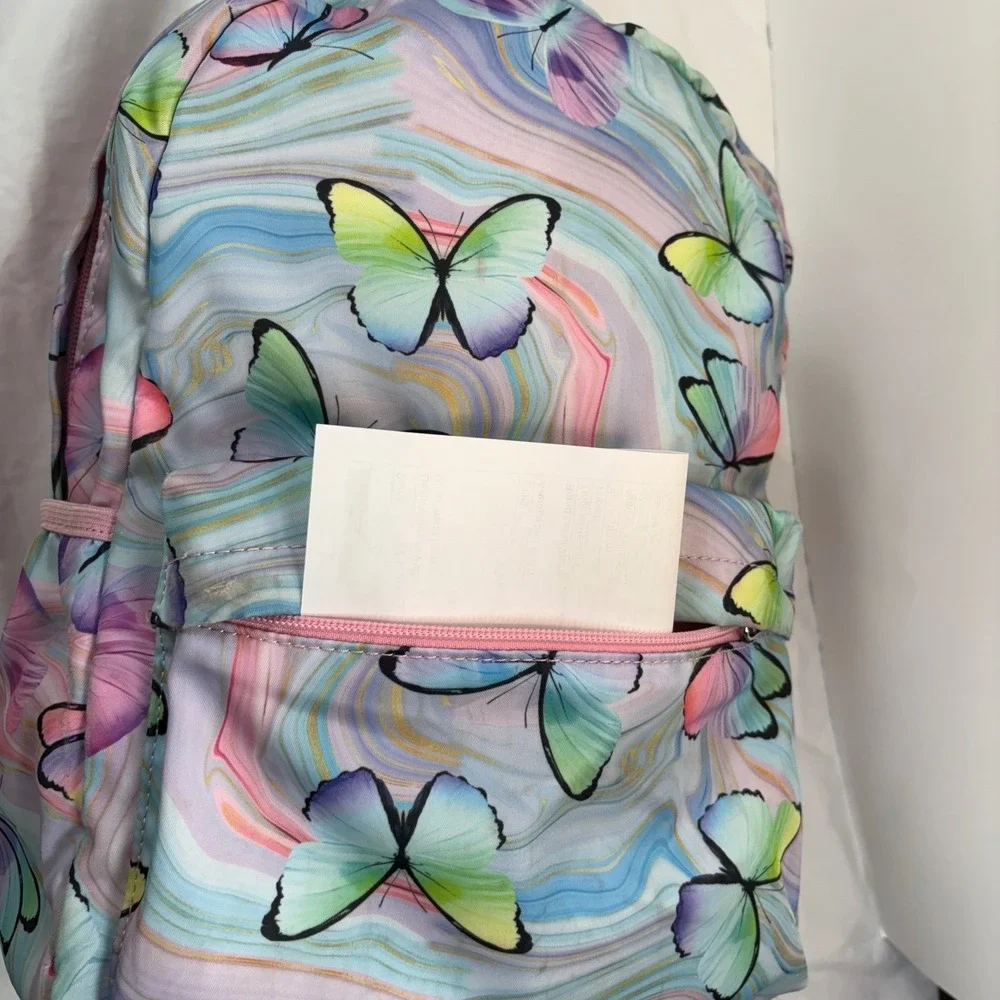Girls Pastel Butterfly Print Backpack Pink Marbled School Bag‎ with Mesh Back